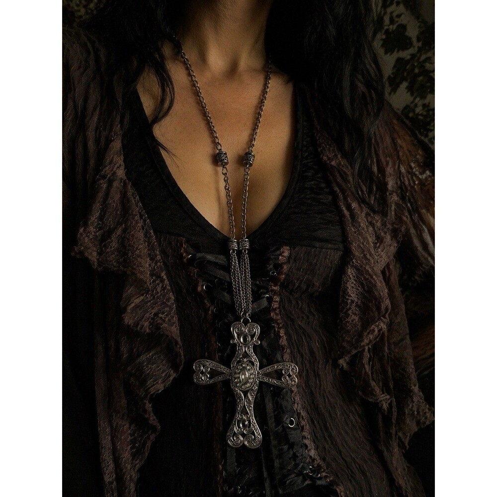 Chunky Silver Tone Cross Necklace  Silver Tone Chain With Beads 17”/2” Extender